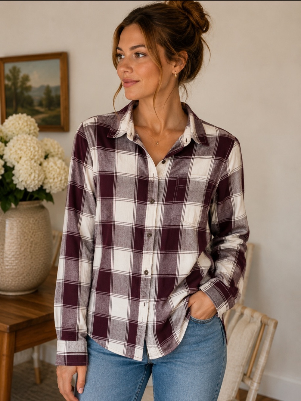 Womens  Plaid Button-Down Shirt - Burgundy & White